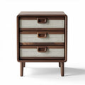 Wooden nightstand with three fabric drawers in natural color 40 x 30 x 60cm