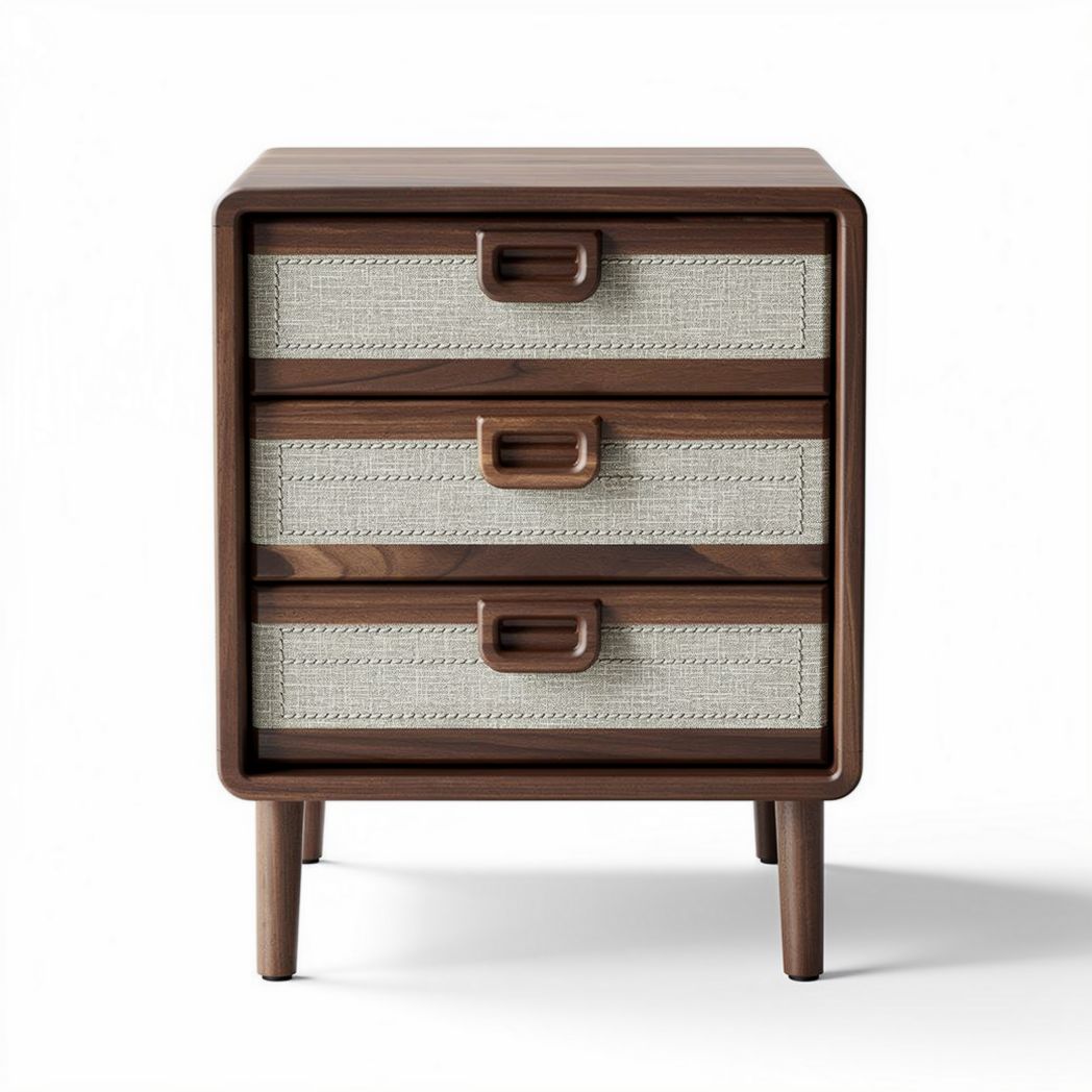 Wooden nightstand with three fabric drawers in natural color 40 x 30 x 60cm