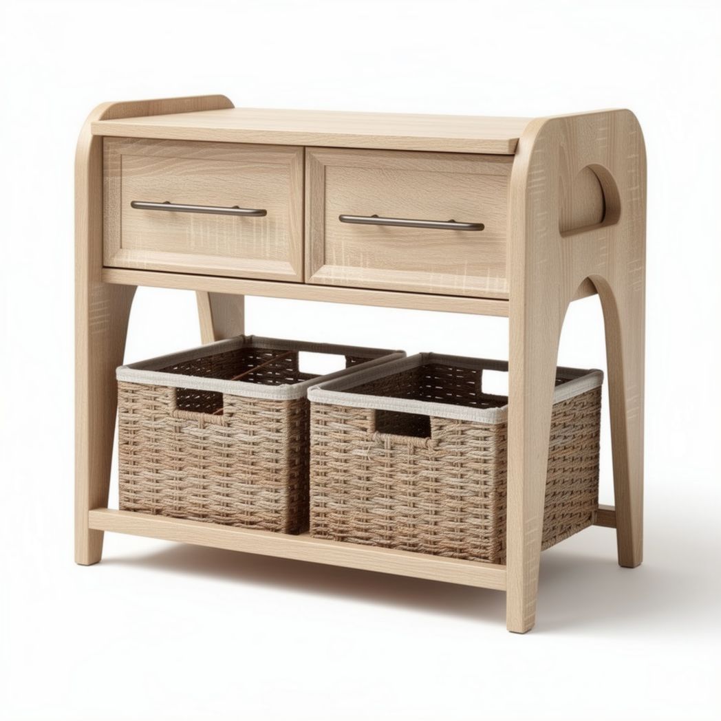 Wooden console table with two drawers and woven storage baskets 80 x 35 x 75cm