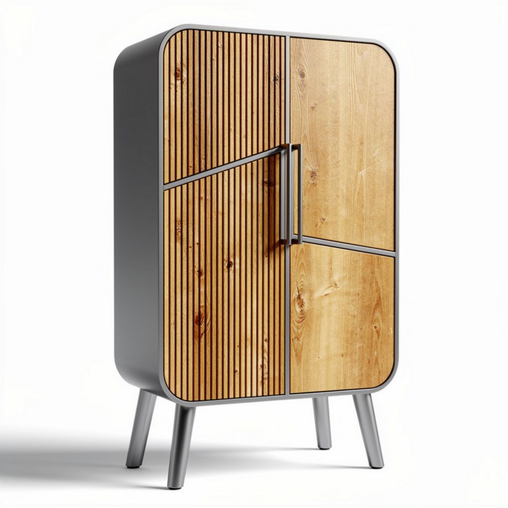 Modern wooden and metal storage cabinet 90 x 60 x 120cm with slatted doors