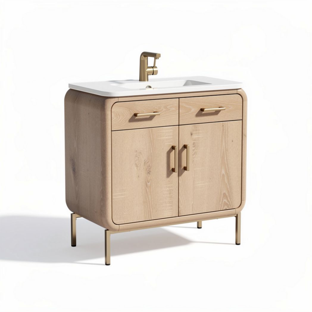 Wooden bathroom vanity with white countertop and gold hardware 80 x 45 x 85cm