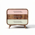 Multicolored wooden bedside table with three drawers and retro design
