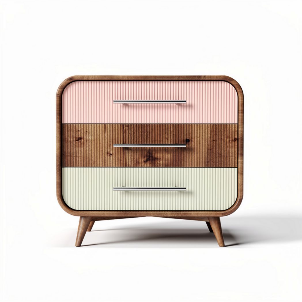 Multicolored wooden bedside table with three drawers and retro design