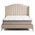 Upholstered queen size bed frame with tufted headboard in beige fabric