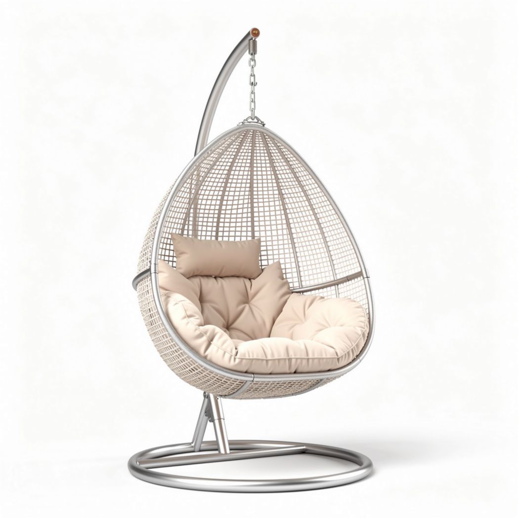 Hanging egg chair with cushion for indoor and outdoor use in beige and silver 120 x 100 x 130cm