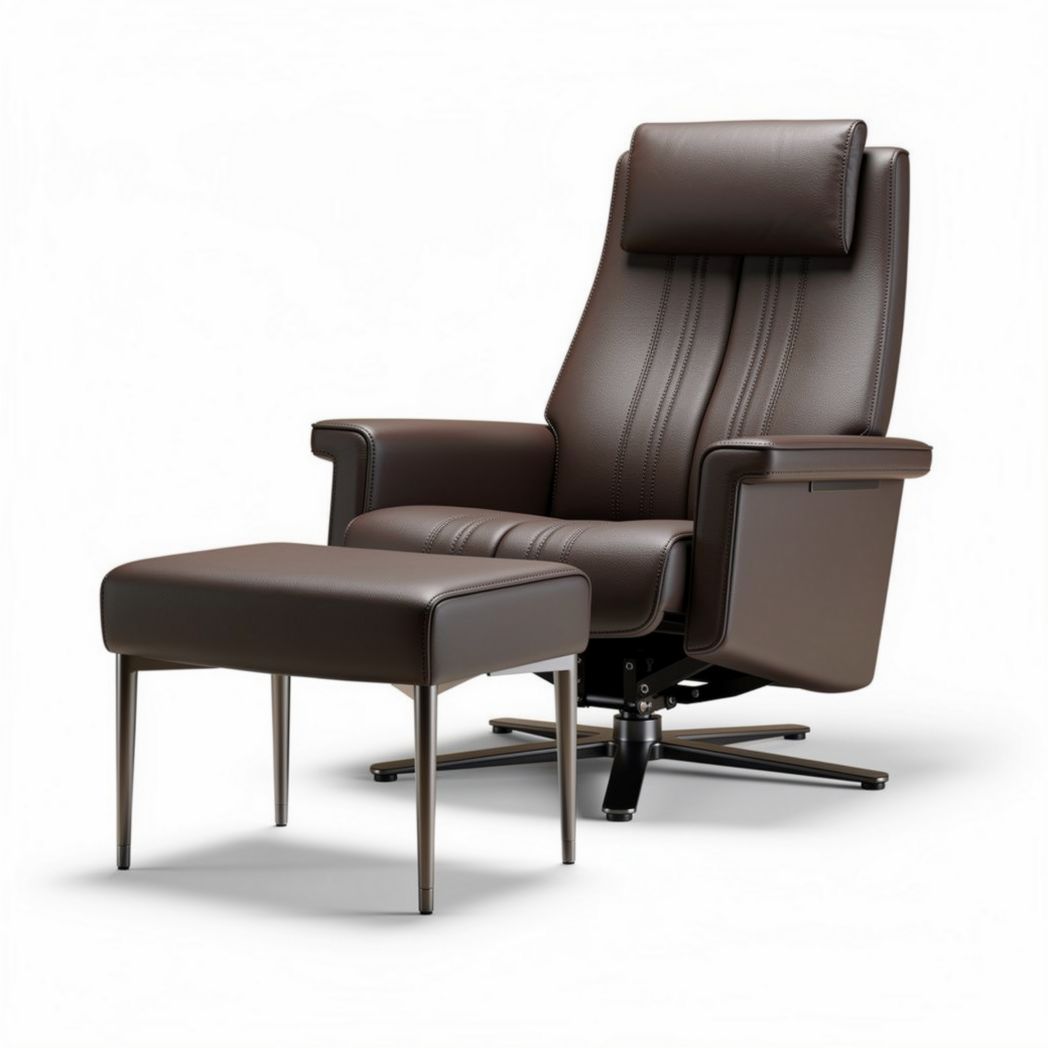 Brown leather recliner chair with matching ottoman for living room use