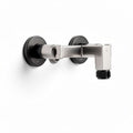 Wall-mounted bathroom faucet in brushed nickel finish with black accents